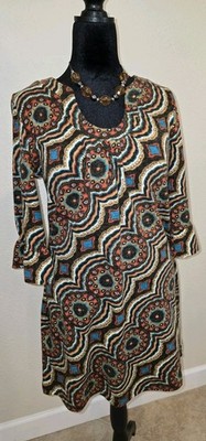 Aryeh L Boho Knit Retro Dress Medallion Print Bell Sleeve Shift 