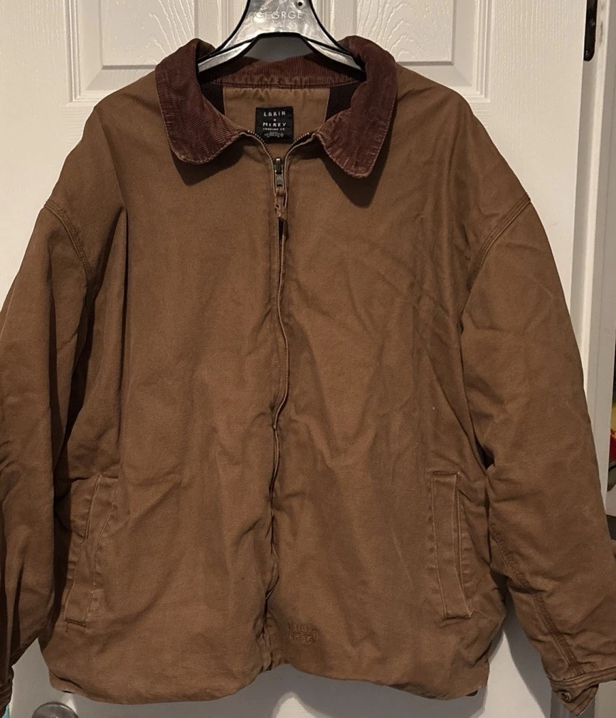 Lakin McKey Workwear Jacket Men 2 XL Brown Canvas Full Zip Corduroy Collar