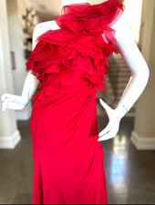 Valentino Vintage Ruffled Red Silk One Shoulder Evening Dress with High Slit