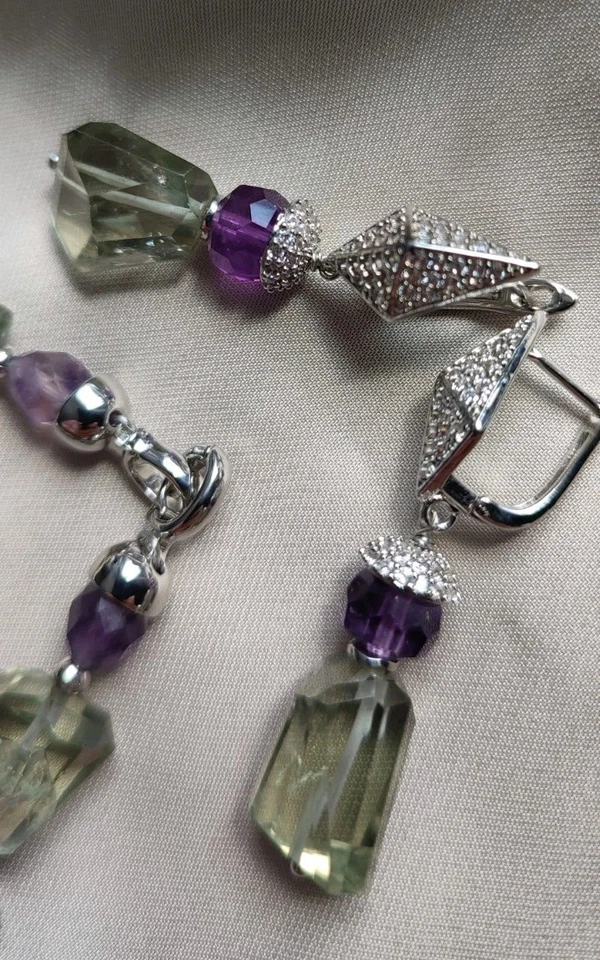 Einmalige Ohrhänger Mit Bezaubernden Amethysten Und Prasiolithen - Bild 4 von 4