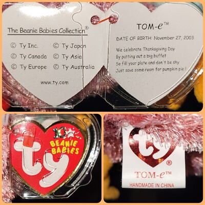 🦃 TOM-e 🦃 2003 Ty Beanie Babies Fuzzy Pink Thanksgiving TURKEY