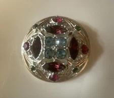 SARAH COVENTRY Silver Tone Multi Colored Rhinestone Round Openwork Brooch Pin 
