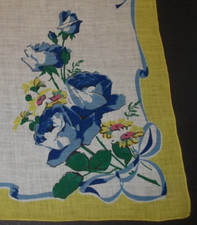Lg Size Vintage Ladies Handkerchief Blue Roses  Yellow Flowers Hand Rolled Hem