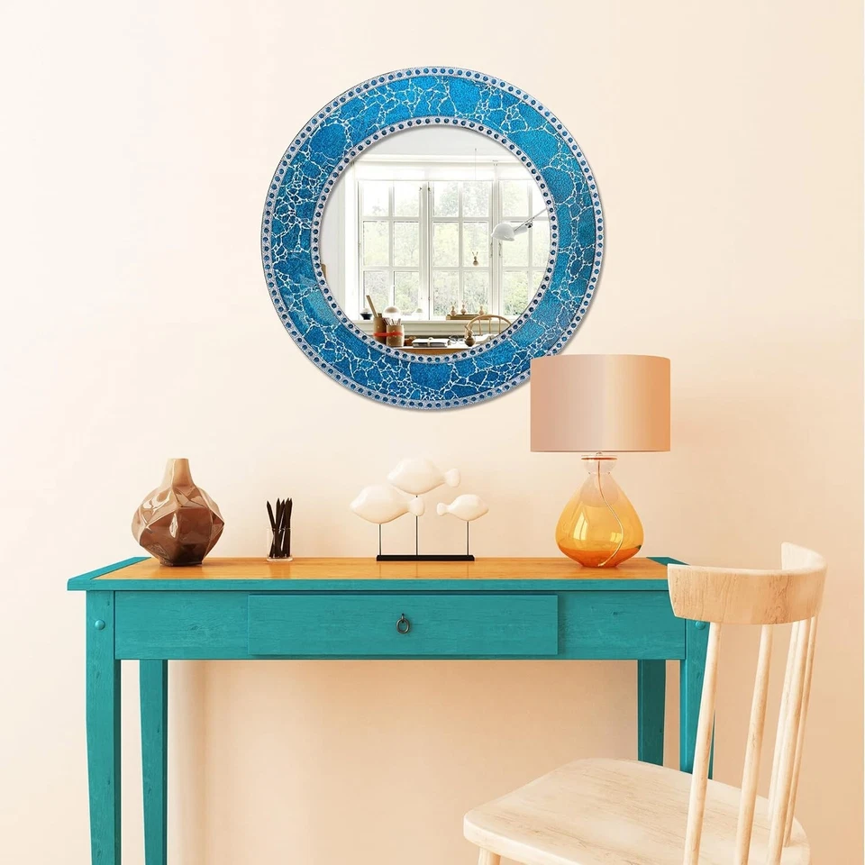 DecorShore 24" Handmade Crackled Glass Mosaic Tile Framed Round Wall Mirror. - Image 2 of 4