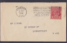 1936 KING GEORGE V 2d PRE-DECIMAL STAMP COMMERCIAL COVER CDS HOBART TAS #B222