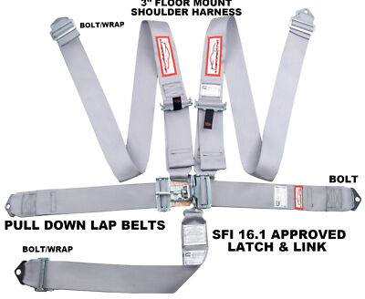 GRAY 5 POINT 3'' RACING HARNESS SET BELT FLOOR MOUNT SFI 16.1 LATCH & LINK GREY