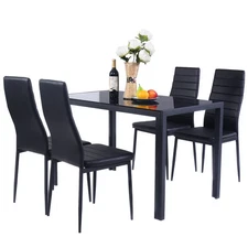 5 Pieces Kitchen Dining Set Glass Metal Table 4 Chairs Breakfast Furniture Black