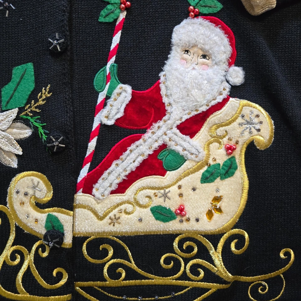 Suéter de punto Storybook para mujer talla 1X negro Navidad vacaciones Papá Noel cuentas feo Foto 3 de 4