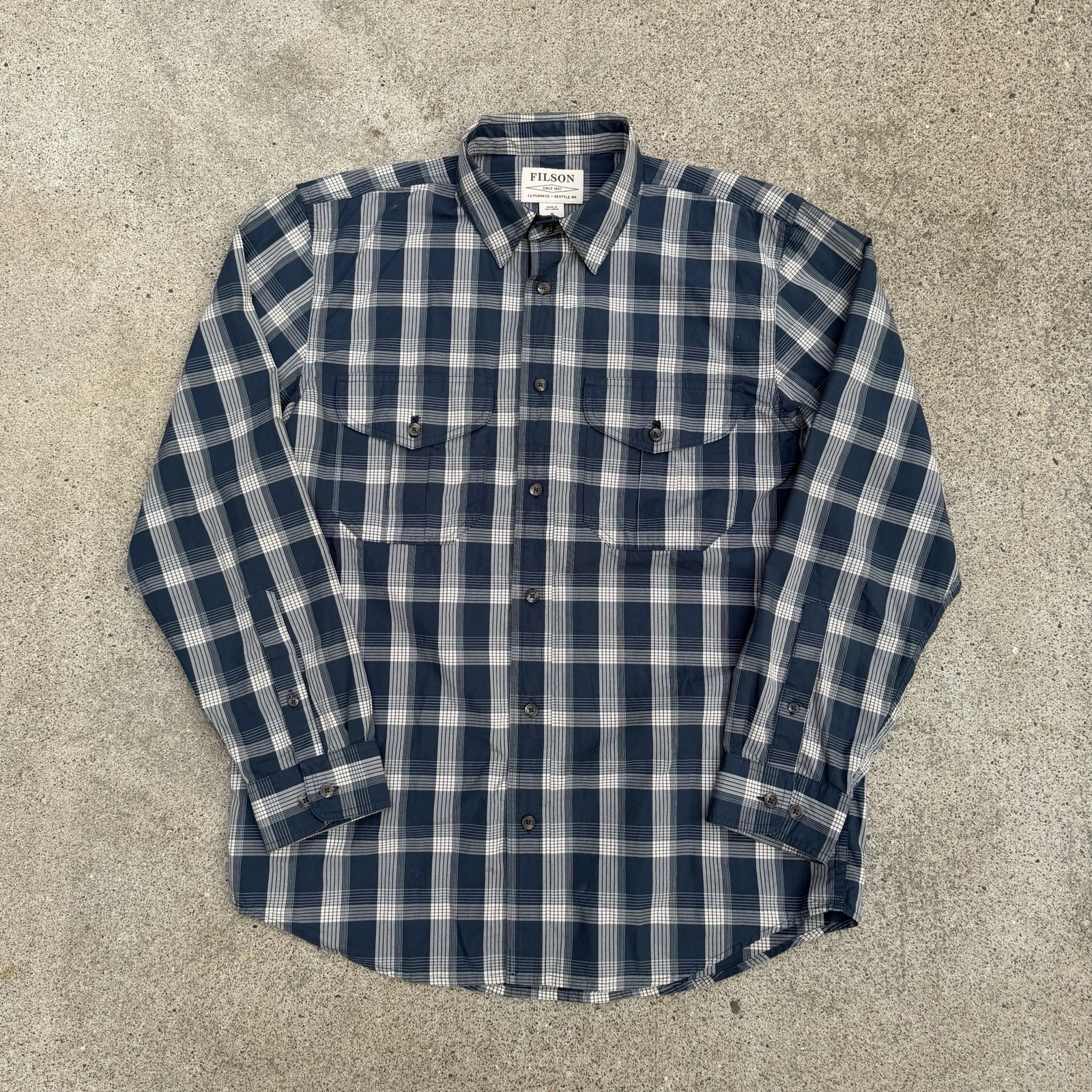 Filson Plaid Shirt Men Medium Feather Cloth Blue Outdoor Hiking Flap Pocket EUC