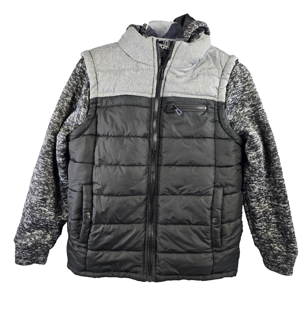 Distortion Boys Puffer Hooded Jacket Puffer Zip Black Gray Comfort Size 10/12