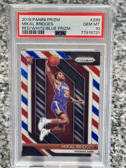 MIKAL BRIDGES 2018 PANINI PRIZM #289 RED WHITE BLUE PRIZM RC PSA 10 KNICKS