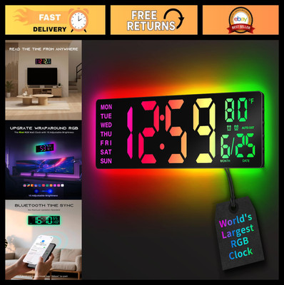 Large 16.5'' Digital Wall Clock with Bluetooth Sync, RGB Lights, Remote Control,