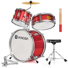 Kids 14 in Drum Set, 3 Piece Beginner Kit for Ages 3-7, Adjustable Throne, Red