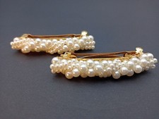 Pair Of Barrette Barrettes Twisted Faux Pearl Beads Cream Color Gold Metal