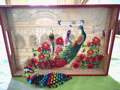 Peacock rectangle wood serving tray w/ handles & bead ornament COLORFUL 2pc lot