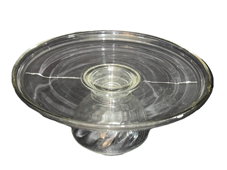 Винтажный прозрачный стеклянный пьедестал 10 3/4 дюйма ребристая тарелка для торта / подставка с тяжелой купольной крышкой - Изображение 2 из 4