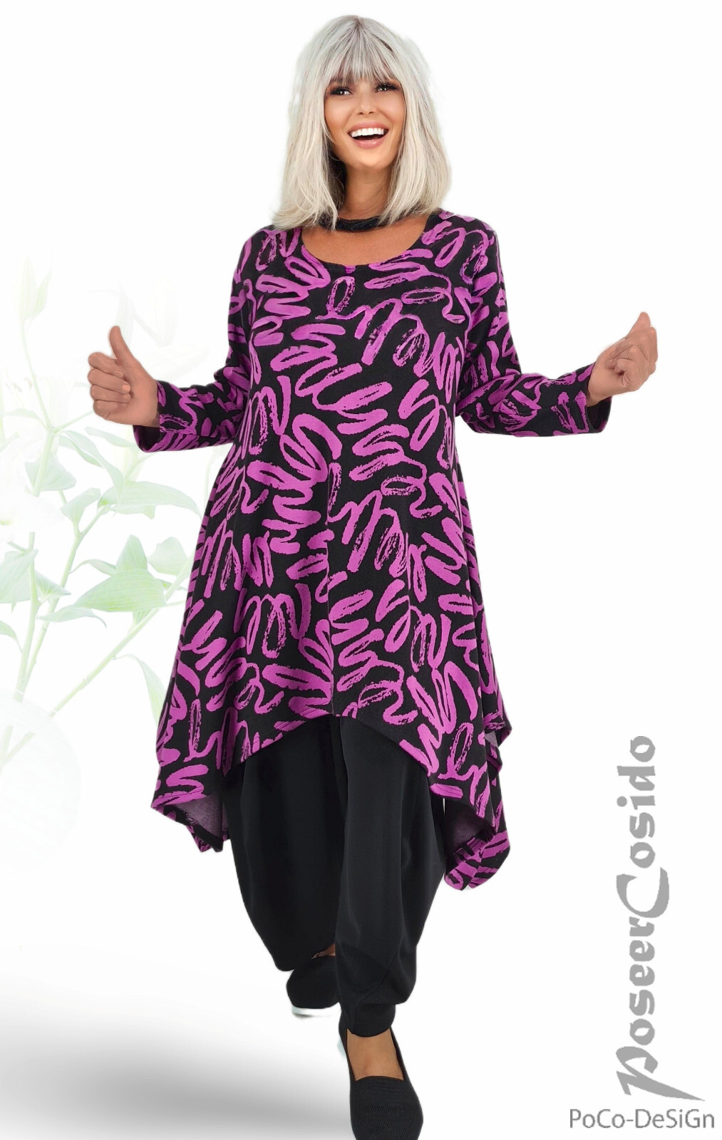 LAGENLOOK Pullover-Strick-Kleid schwarz cyclam 44 46 48 50 52 54 56 58 XL XXL