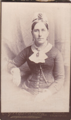 CDV PHOTO  -SEATED LADY .BONNET/LACE/LOCKET BY  HALIFAX STUDIO (NAME IS COVERED)