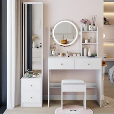 Vanity Makeup Table Set w/ Full Body Mirror & LED Lights & USB Ports & 4 Drawer