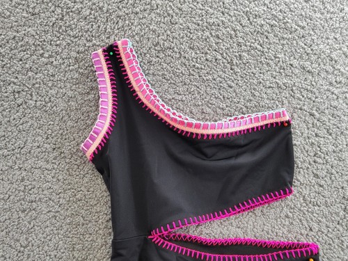 PQ Platinum Swim Rainbow Embroidered Cutout One Piece Swimsuit Girls 8 Black - Picture 10 of 13