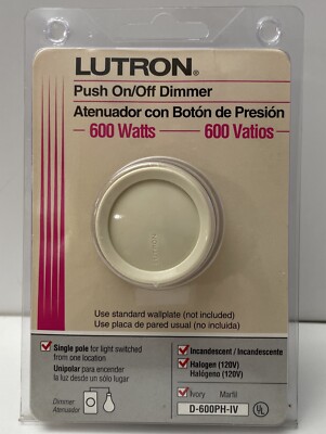 Lutron Push On/Off Dimmer Switch 600 Watts, Single Pole. New. D-600PH-IV