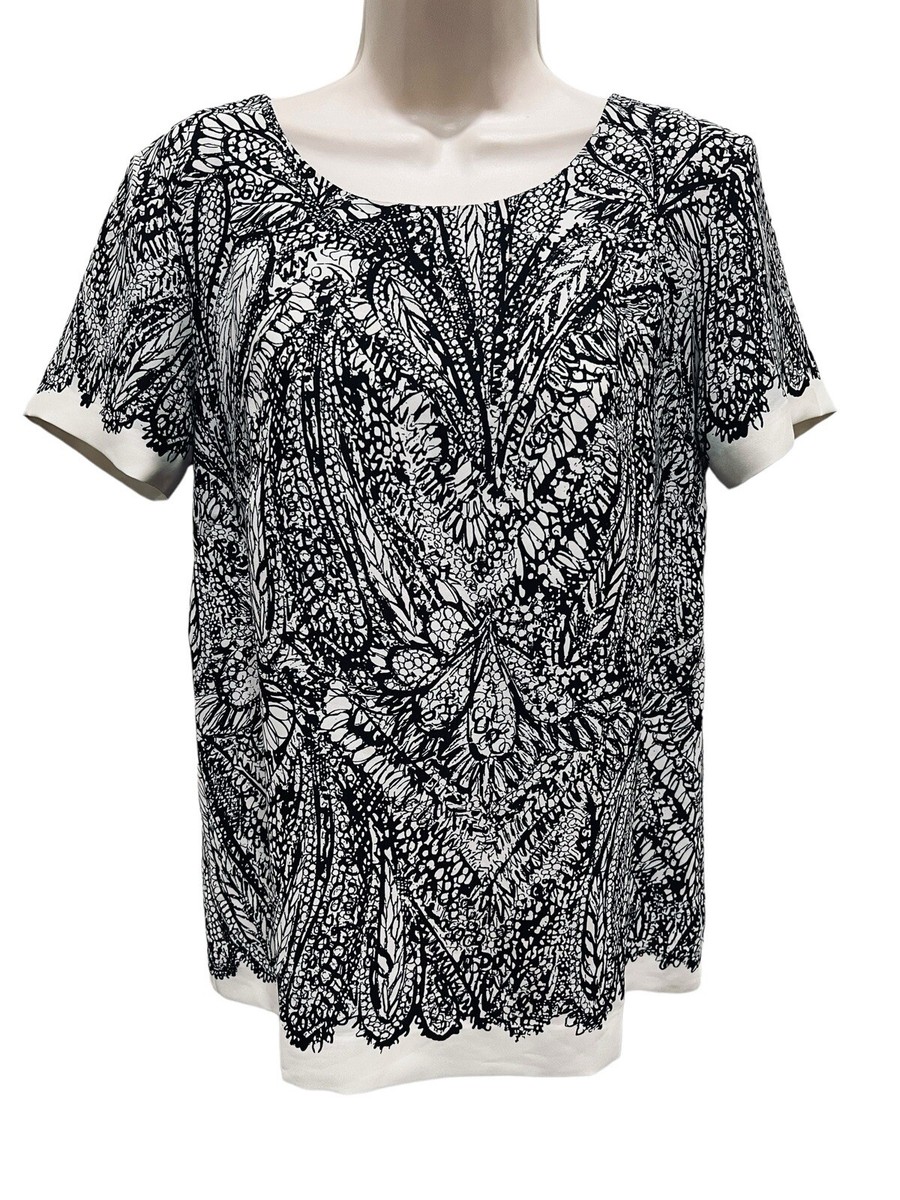 Loft Womens Small Black White Floral Blouse Cap Sleeve
