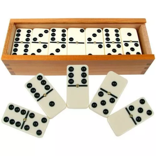 Premium Domino Set of 28 Double Six Dominoes Wood Box Center Pins for Easy Flip