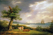 THE NARROWS NEW YORK BAY 1812 CATTLE AMERICAN LANDSCAPE BY THOMAS BIRCH REPRO 