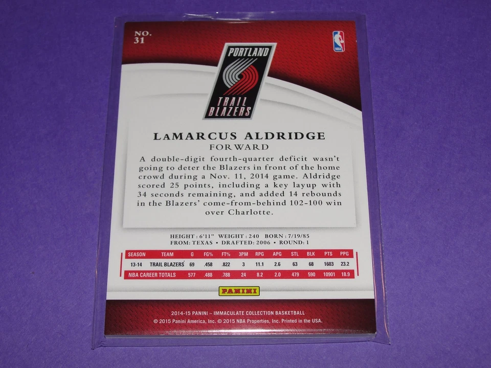 2014-15 Panini Immaculate LaMARCUS ALDRIDGE #31 Red SP/25 SPURS - TRAIL BLAZERS - Image 2 of 2