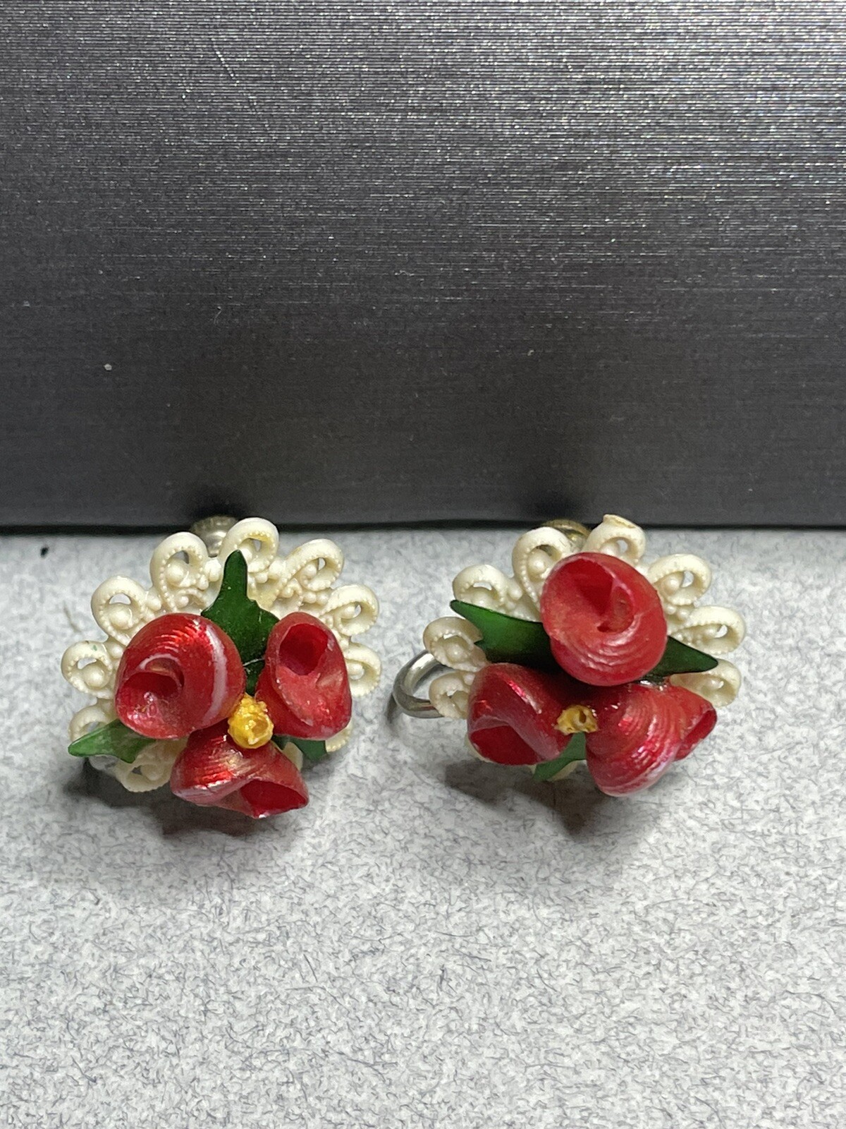 Tiny Shell Flowers On Celluloid Screw Back Earrin… - image 1
