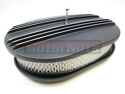 15" Oval Smooth Black Aluminum Air Cleaner For Chevy Ford Mopar 5-1/8" Neck