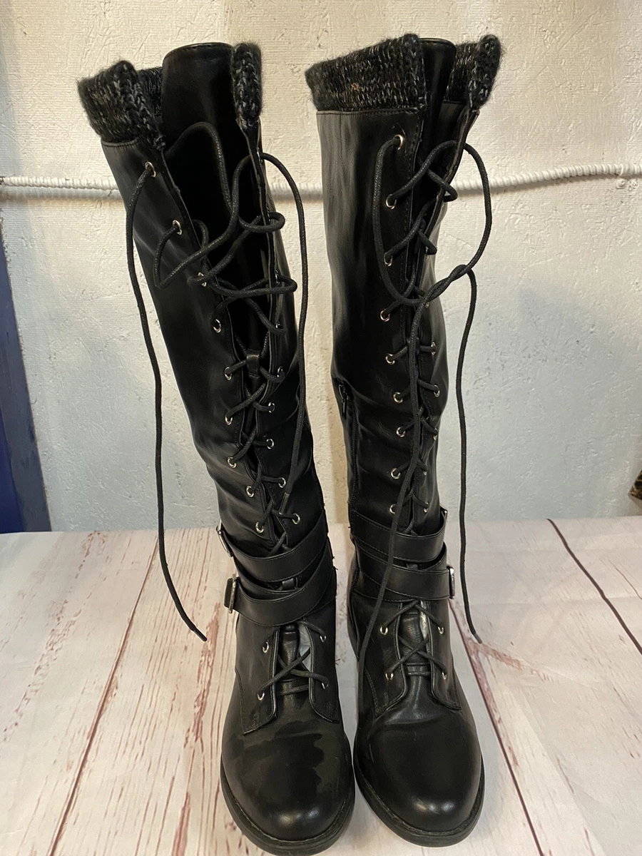 Shoedazzle Portia Knee High Lace Up Boots High Heel Black Women s
