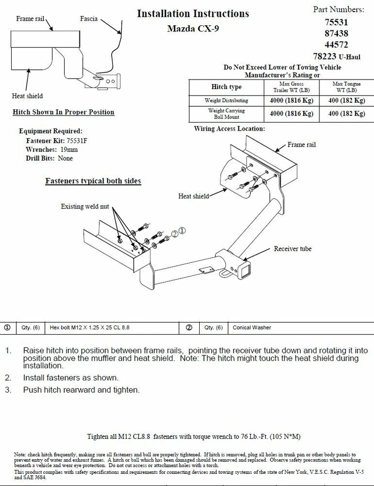 Enganche de remolque para 07-15 Mazda CX-9 todos los estilos 2" receptor de remolque clase 3 NUEVO Foto 4 de 4