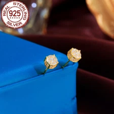 Luxury Gold Plated Round Screw Back 4 Prong CZ Stud Earrings Sterling Silver 925