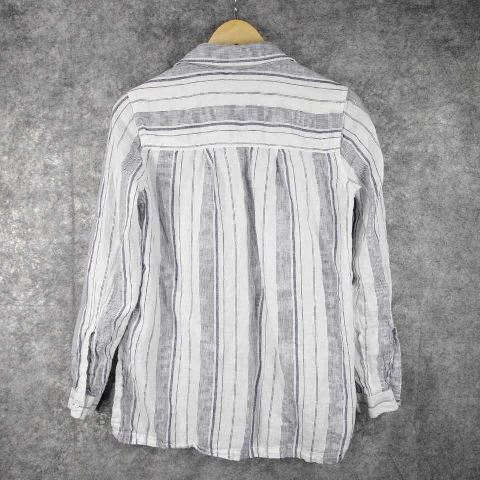Camisa Athleta Mujer Pequeña Blanca Azul Rayas Todo Lino Alta Baja Novio Lagenlook Foto 3 de 4