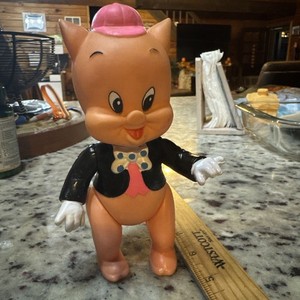 Ancien Jouet En Caoutchouc Porky Pig (Looney Tunes) Warner Bros - Fabriqué En Italie, Rare, Occasion