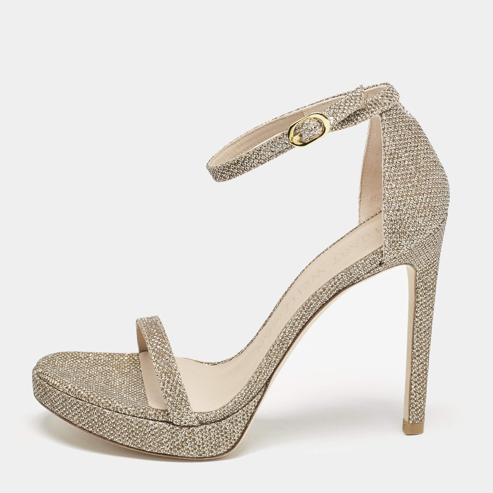 Stuart Weitzman Nudist Size 37.5 Metallic Lurex Fabric Ankle Strap Sandals