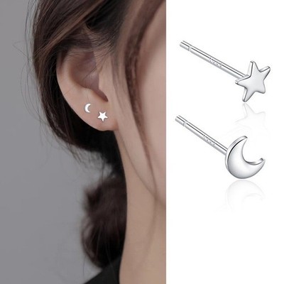 Unisex 999 Sterling Silver Crescent Moon& Star Mini Ear Stick Stud Earrings