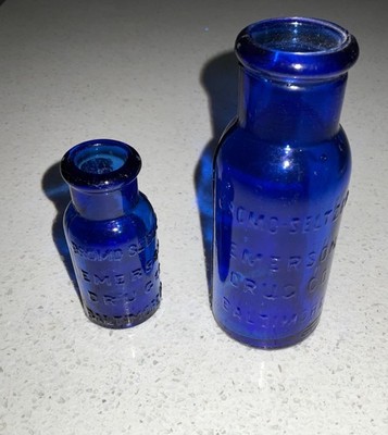 2 Vintage Cobalt Blue Glass Bottle Emerson Drug Co Baltimore MD Bromo Seltzer 4 
