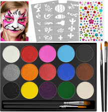 Face Paint, 15 Color Face Painting Palette, with 2 Brushes 40 Stencils, Diamond 