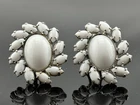 Vintage White Milk Glass Clip On Earrings Silver Tone Prong Set Swirl Navette