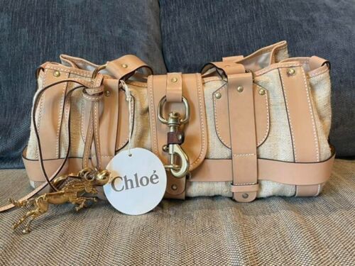 Chloe kerala Linen Leather Tote Handbag Beige Gold Clasp and Horse charm Vintage - Picture 1 of 10