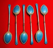 Antique Circa 1900 English Guilloche Enameled Silver Demitasse Spoons 6pcs