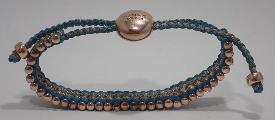 LINKS OF LONDON 35 BAR 14K ROSE GOLD FRIENDSHIP BRACELET w/ ADJ. CORD & BOX - Image 4 of 4