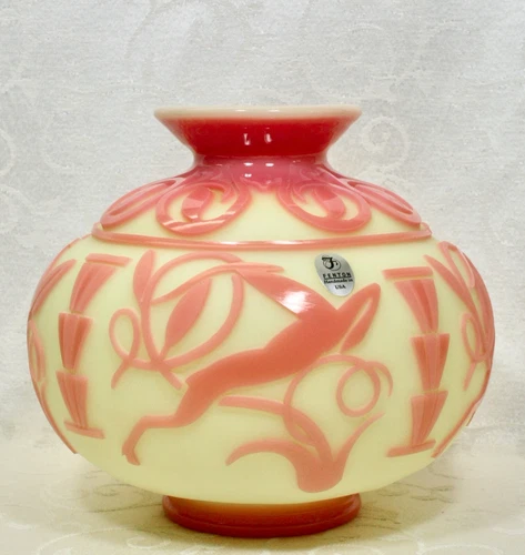 Fenton, Vase, Burmese Cameo Glass, Sandcarved, Limited Edition, Kelsey Murphy.
