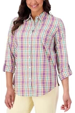 Susan Graver Weekend Yarn-Dyed Plaid Button-Front Shirt Purple/Yellow