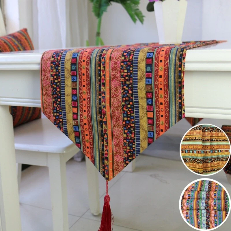 Cotton Linen Ethnic Stripe Table Runner Table Cover Dresser Kitchen Dining - Image 2 of 4