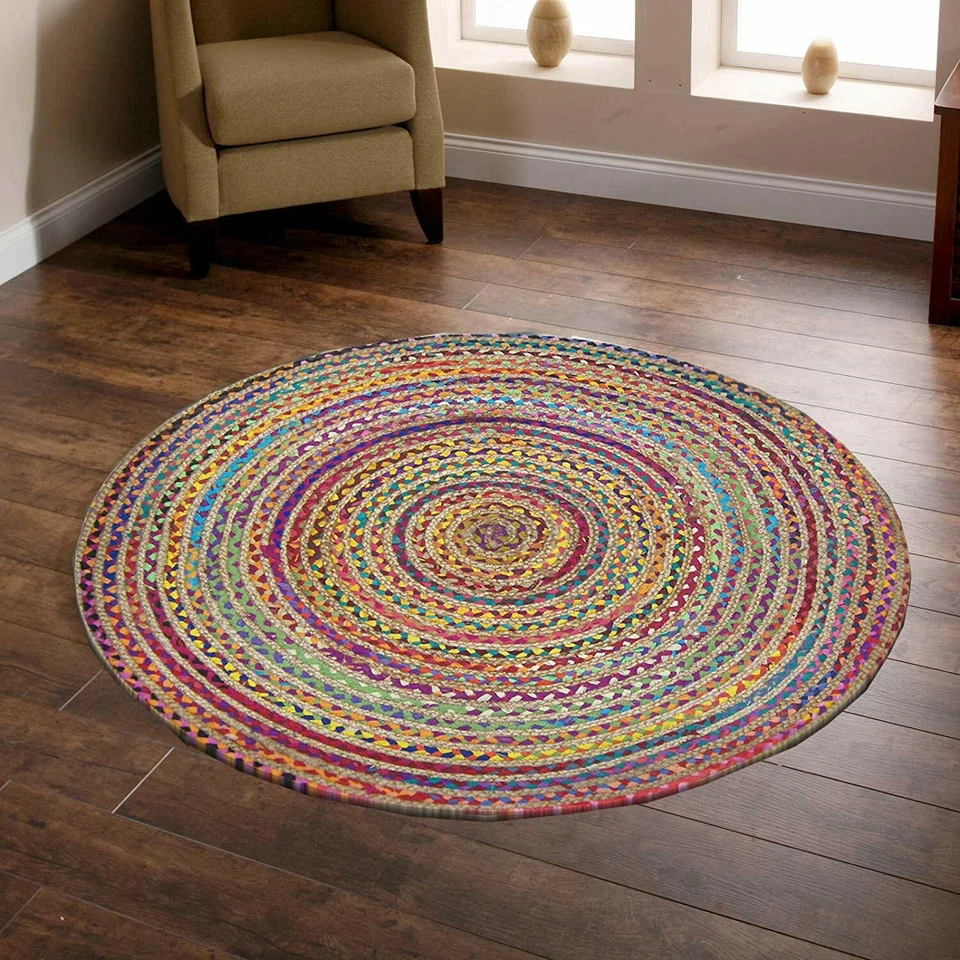 Rug Jute & Cotton Handmade Reversible Round  Area Rug Rustic Look Modern Rug - Image 4 of 4