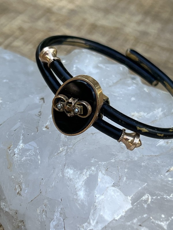 Antique Victorian Mourning Bracelet Pat Dec 16 1879 Onyx Seed Pearl Gold Filled