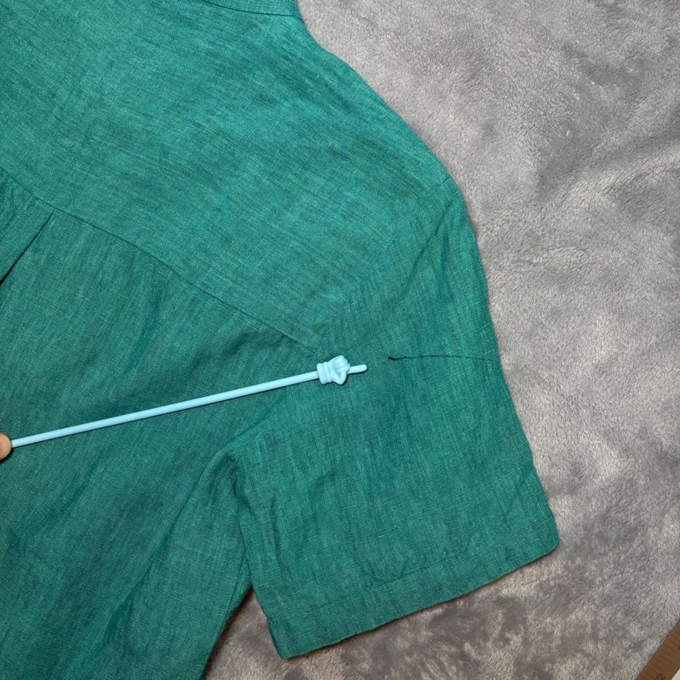 Eileen Fisher Organic Linen Band Collar Short Sleeve Button Up Blouse S Green - Image 3 of 4